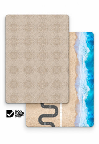 Large India-Rose and Ocean-Road double-sided 15mm TPU foam baby play mat by Rugabub, taupe medallion tile modern rug side and ocean, beach, road and train track play side, non-toxic, wipe clean, Good Design Award winner
