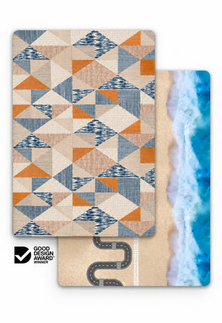 Large and Ocean-Road double-sided 15mm TPU foam baby play mat by Rugabub, navy, burnt orange and sand geometric triangle modern rug side and ocean, beach, road and train track play side, non-toxic, wipe clean, Good Design Award winner