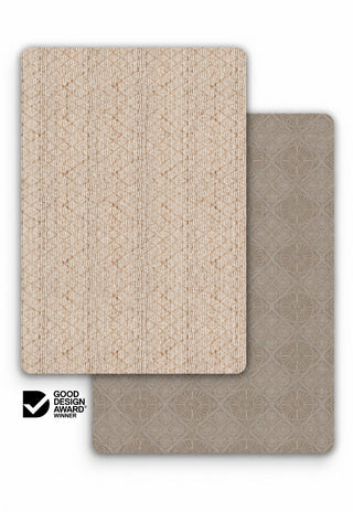 Large Laila and India-Rose double-sided 15mm TPU foam baby play mat by Rugabub, natural jute look lattice and taupe medallion tile modern rug designs, non-toxic, wipe clean, Good Design Award winner
