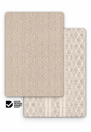 Large Laila and Luna double-sided 15mm TPU foam baby play mat by Rugabub, natural jute look lattice and cream diamond stripe modern rug designs, non-toxic, wipe clean, Good Design Award winner