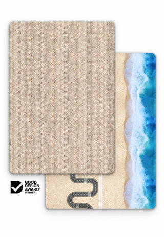 Large Laila and Ocean-Road double-sided 15mm TPU foam baby play mat by Rugabub, natural jute look lattice modern rug side and ocean, beach, road and train track play side, non-toxic, wipe clean, Good Design Award winner
