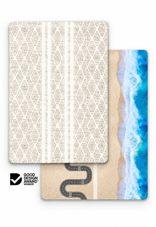 Large Luna and Ocean-Road double-sided 15mm TPU foam baby play mat by Rugabub, cream diamond stripe modern rug side and ocean, beach, road and train track play side, non-toxic, wipe clean, Good Design Award winner