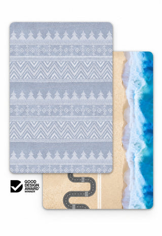 Large River and Ocean-Road double-sided 15mm TPU foam baby play mat by Rugabub, dusty blue pine tree and chevron modern rug side and ocean, beach, road and train track play side, non-toxic, wipe clean, Good Design Award winner