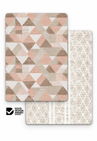 Large Sahara and Luna double-sided 15mm TPU foam baby play mat by Rugabub, dusty pink and mocha geometric triangle and cream diamond stripe modern rug designs, non-toxic, wipe clean, Good Design Award winner