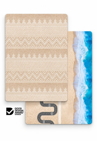 Large Shiloh and Ocean-Road double-sided 15mm TPU foam baby play mat by Rugabub, sand pine tree and chevron modern rug side and ocean, beach, road and train track play side, non-toxic, wipe clean, Good Design Award winner