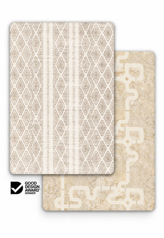 Luna and Little-Explorer double-sided 15mm TPU foam baby play mat by Rugabub, cream diamond stripe modern rug side and neutral road map with road and train track, non-toxic, wipe clean, Good Design Award winner