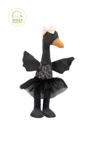 Maali black swan ballerina plush doll wearing tulle dress, miniature Rugaroo Australian animal toy
