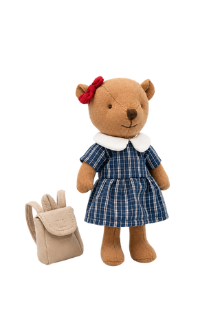 Maisie the Prep Wombat miniature heirloom doll, navy check school dress, white collar, red hair bow and miniature backpack, Rugaroo Australian animal doll