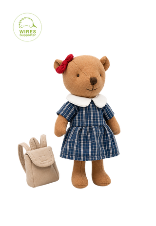 Maisie the Prep Wombat miniature heirloom doll, navy check school dress, white collar, red hair bow and miniature backpack, Rugaroo Australian animal doll