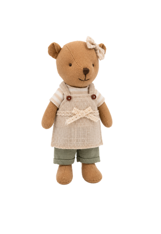 Marg the Barista Wombat miniature heirloom doll, linen apron, striped top and green shorts with lace bow detail, Rugaroo Australian animal doll