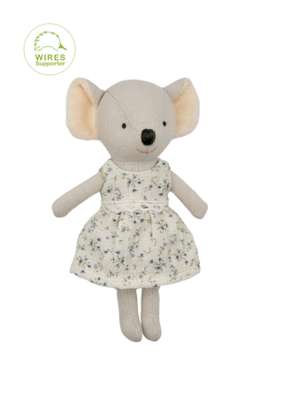 Miniature plush heirloom koala Rugaroo doll with white and blue floral dress.
