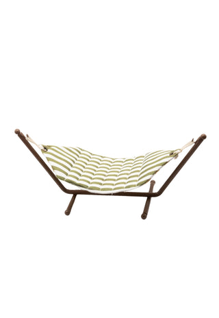 miniature dollhouse hammock with wavy pattern on a stand against a white background