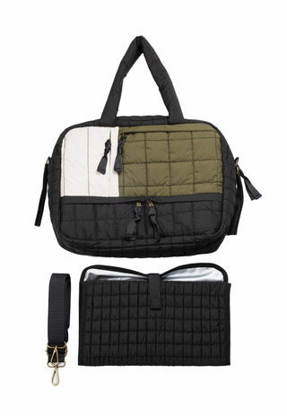 Shadow Moss baby bag with bottle pockets, shoulder strap and minimalist Rugabub branding.