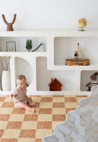 Non toxic foam baby play mat Australia Phoenix checkered design by Rugabub with baby playing.