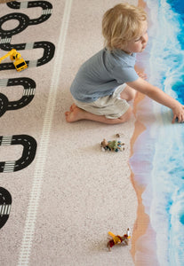 stylish ocean road foam padded luxe baby playmat that is eco-friendly and biodegradable, waterproof, safe, non-toxic, double-sided and has car and train tracks