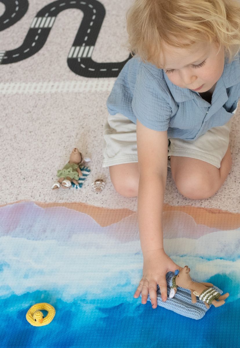 stylish ocean road foam padded luxe baby playmat that is eco-friendly and biodegradable, waterproof, safe, non-toxic, double-sided and has car and train tracks