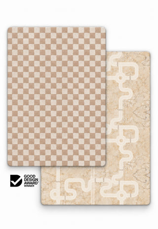 Phoenix and Little-Explorer double-sided 15mm TPU foam Large play mat by Rugabub, large rectangular baby play mat with a caramel and cream checkerboard modern rug side and neutral road map with road and train track, non-toxic, wipe clean, Good Design Award winner