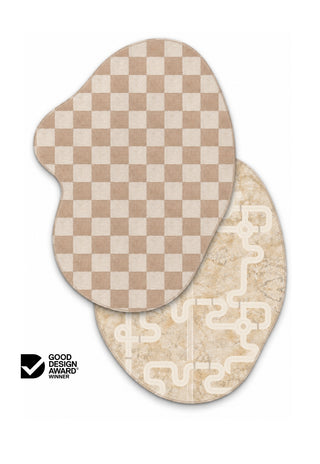 Phoenix and Little-Explorer double-sided 15mm TPU foam Puddle play mat by Rugabub, organic puddle shaped baby play mat with a caramel and cream checkerboard modern rug side and neutral road map with road and train track, non-toxic, wipe clean, Good Design Award winner