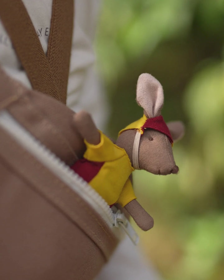 Sandy the surf rescuer kangaroo doll in a rugaroo pouch bag on a boy walking