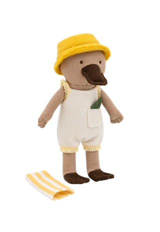 Puddle the Creek Scout Platypus miniature heirloom doll, white playsuit, yellow bucket hat and striped towel, Rugaroo Australian animal doll