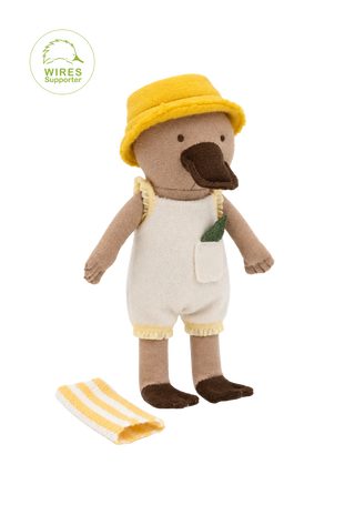 Puddle the Creek Scout Platypus miniature heirloom doll, white playsuit, yellow bucket hat and striped towel, Rugaroo Australian animal doll