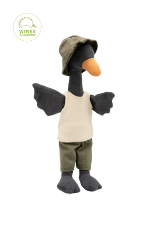 Reed the Wetlands Ranger, miniature heirloom black swan plush doll wearing khaki pants, cream shirt and ranger hat, Rugaroo Australian toy