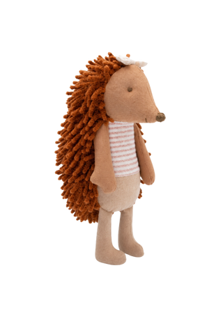 Riva the Campground Host Echidna miniature heirloom doll, gingham neutral bow in hair and striped top, Rugaroo Australian animal doll