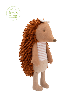 Riva the Campground Host Echidna miniature heirloom doll, gingham neutral bow in hair and striped top, Rugaroo Australian animal doll