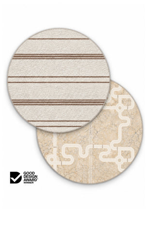 Round Cala and Little-Explorer double-sided 15mm TPU foam baby play mat by Rugabub, cream pinstripe modern rug side and neutral road map with road and train track, non-toxic, wipe clean, Good Design Award winner