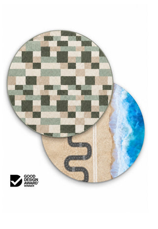 Round Gigi and Ocean-Road double-sided 15mm TPU foam baby play mat by Rugabub, sage green checkerboard modern rug side and playful ocean, beach, road and train track side, non-toxic and wipe clean, Good Design Award winner