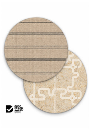 Round Jordan and Little-Explorer double-sided 15mm TPU foam baby play mat by Rugabub, oatmeal linen look modern rug side with charcoal stripes and neutral road map with road and train track, non-toxic, wipe clean, Good Design Award winner