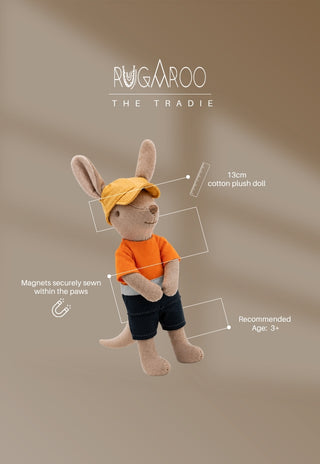 Dazza the Tradie, a 13cm cotton plush kangaroo doll by Rugaroo with magnets in the paws, ages 3+