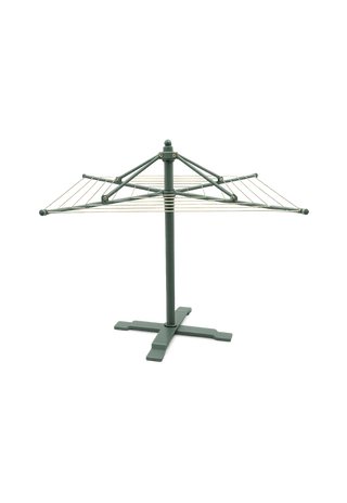 Rugaroo The Backyard Hoist in Eucalyptus, a miniature metal rotary clothesline scaled for Rugaroo dolls, on a transparent background.