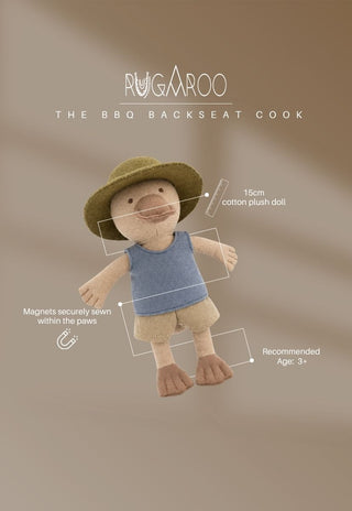 The BBQ Backseat Cook, a 15cm cotton plush platypus doll by Rugaroo with magnets in the paws, ages 3+