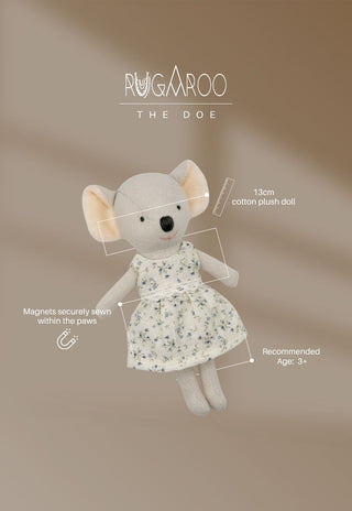 Bindi the Doe, a 13cm cotton plush koala doll by Rugaroo with magnets in the paws, ages 3+