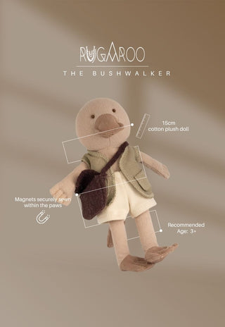 The Bushwalker, a 15cm cotton plush platypus doll by Rugaroo with magnets in the paws, ages 3+