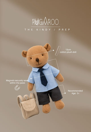 Clancy the Kindy Prep, a 13cm cotton plush wombat doll by Rugaroo with magnets in the paws and a mini school backpack, ages 3+