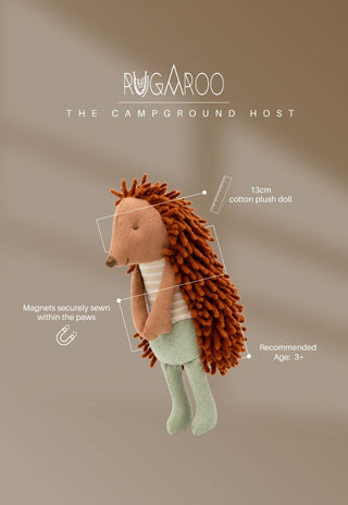 Col the Campground Host, a cotton plush echidna doll by Rugaroo with magnets in the paws, ages 3+