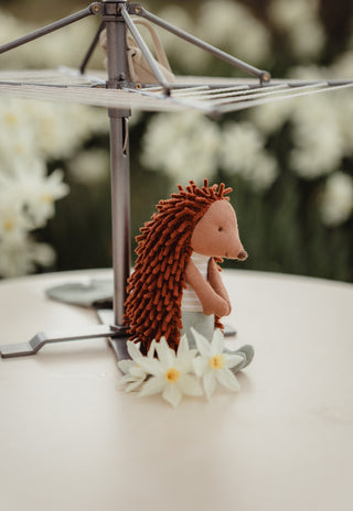 Col the Rugaroo echidna doll sitting underneath a toy backyard clothesline hoist