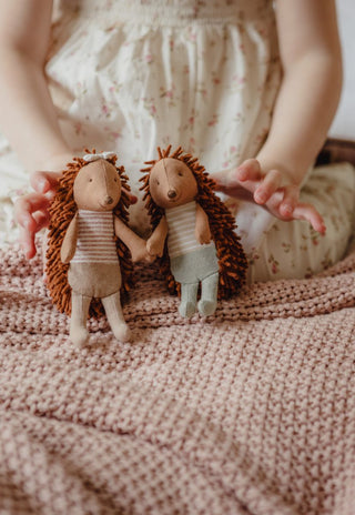 Child playing with Col and Riva the Rugaroo Echidna dolls on a bed