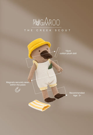 The Creek Scout, a 15cm cotton plush platypus doll by Rugaroo with magnets in the paws, ages 3+