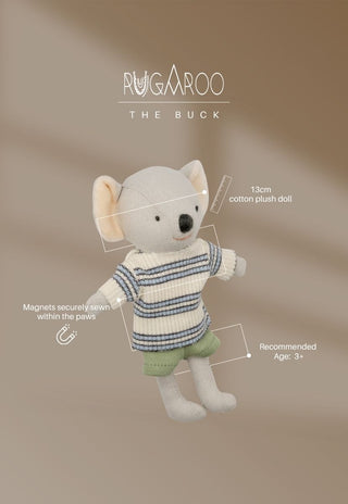Dusty the Buck, a 13cm cotton plush koala doll by Rugaroo with magnets in the paws, ages 3+