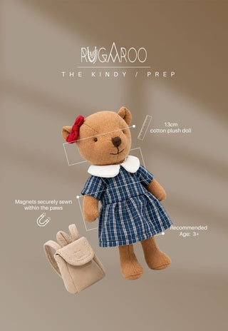 Maisie the Kindy Prep, a 13cm cotton plush wombat doll by Rugaroo with magnets in the paws and a mini school backpack, ages 3+