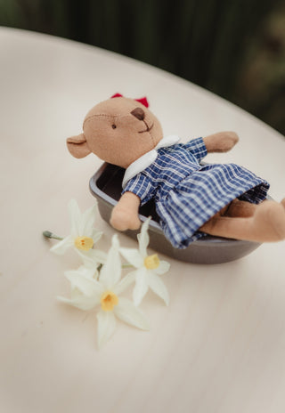 Maisie the Prep Rugaroo Wombat doll from Rugaroo lying in a miniature tinnie boat