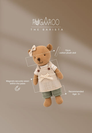 Marg the Barista, a 15cm cotton plush wombat doll by Rugaroo with magnets in the paws, ages 3+