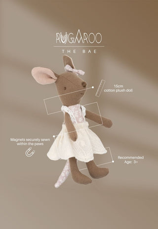 Mon the Bae, a 15cm cotton plush kangaroo doll by Rugaroo with magnets in the paws, ages 3+