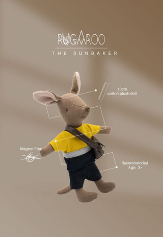 Joey The Postie, a 13cm cotton plush kangaroo doll by Rugaroo, magnet free, ages 3+