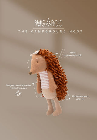 Riva the Campground Host, a 15cm cotton plush echidna doll by Rugaroo with magnets in the paws, ages 3+