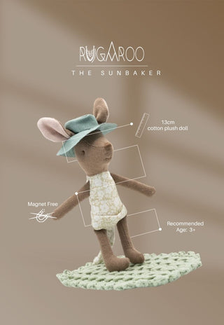 Shaz the Sunbaker, a 13cm cotton plush kangaroo doll by Rugaroo, magnet free, ages 3+