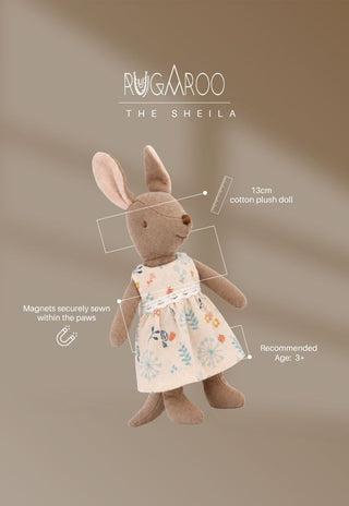 The Sheila, a 13cm cotton plush kangaroo doll by Rugaroo with magnets in the paws, ages 3+